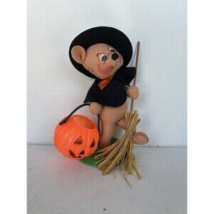 Vintage Annalee Mobilitee Halloween Witch Mouse Broom Pumpkin Felt Doll 9”